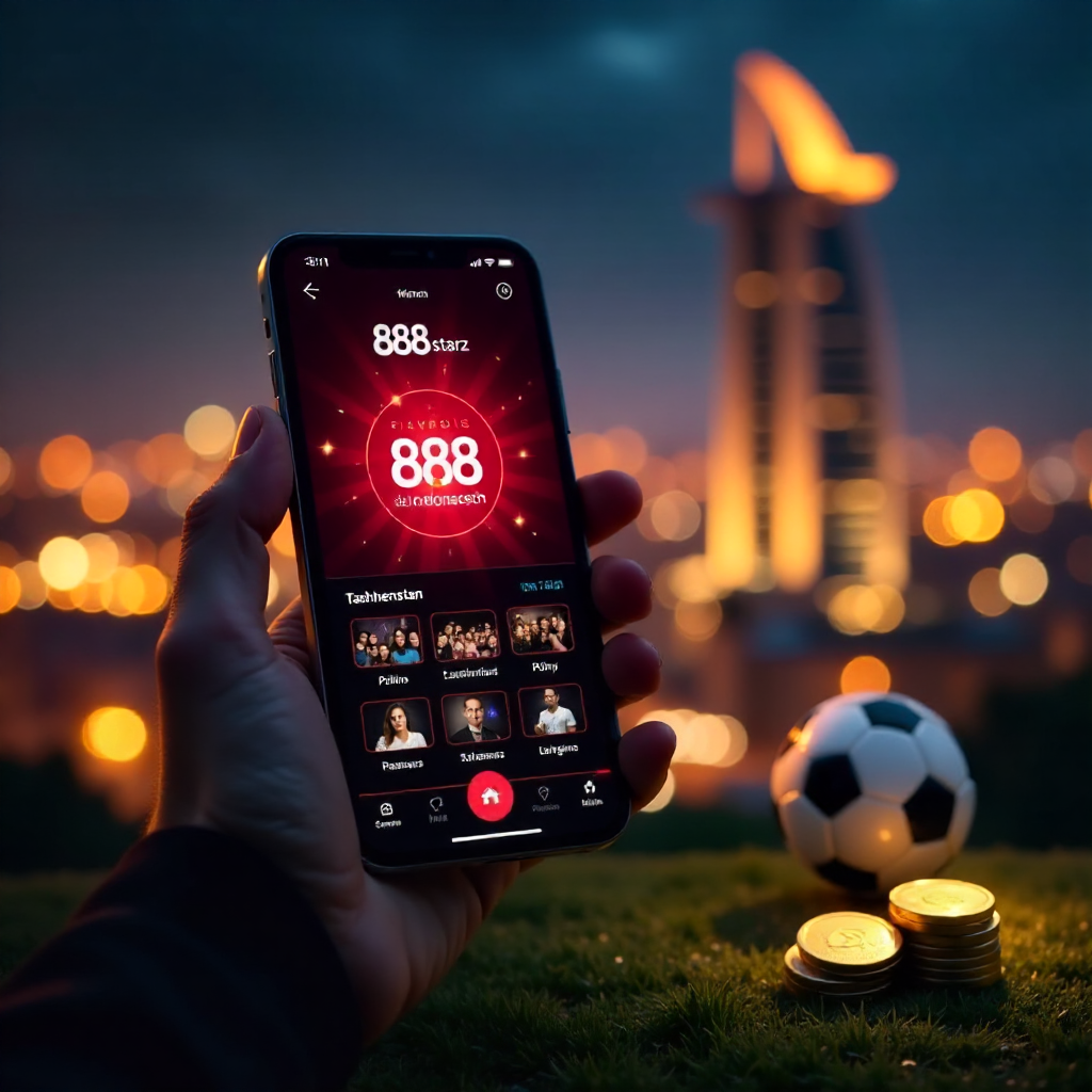 A hand holding a luxury smartphone displaying the official 888starz Uzbekistan app with a sleek red and black interface, background is the Tashkent City skyline and Hilton tower at night with vibrant golden bokeh lights, 3D golden coins and a soccer ball 